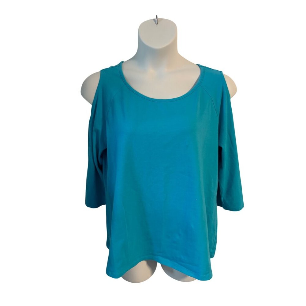 D&Co Cold Shoulder Top Shirt Blue Size 1X 3/4 Sleeve Comfy Soft Stretch